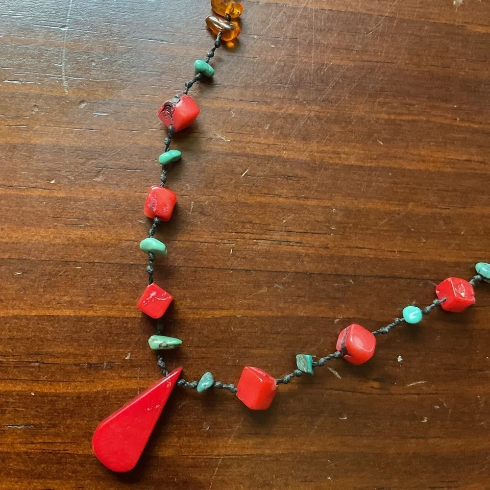 Vintage Baltic Amber Turquoise Coral Lavaliere Necklace